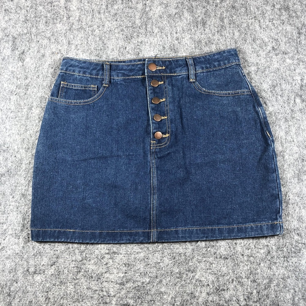 Forever 21 Denim Mini‎ Skirt Womens L Blue Button Front Rainbow Pockets